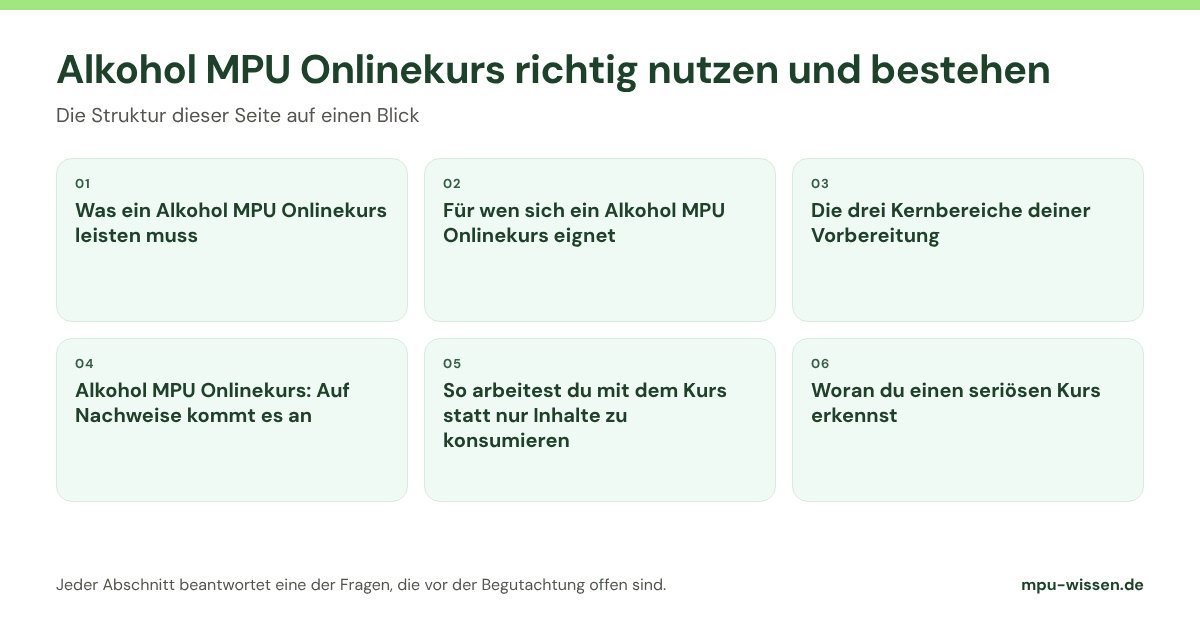 Alkohol MPU Onlinekurs richtig nutzen und bestehen: die Abschnitte dieser Seite im Überblick