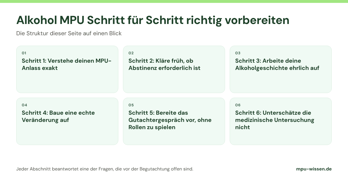 Alkohol MPU Schritt für Schritt richtig vorbereiten: die Abschnitte dieser Seite im Überblick