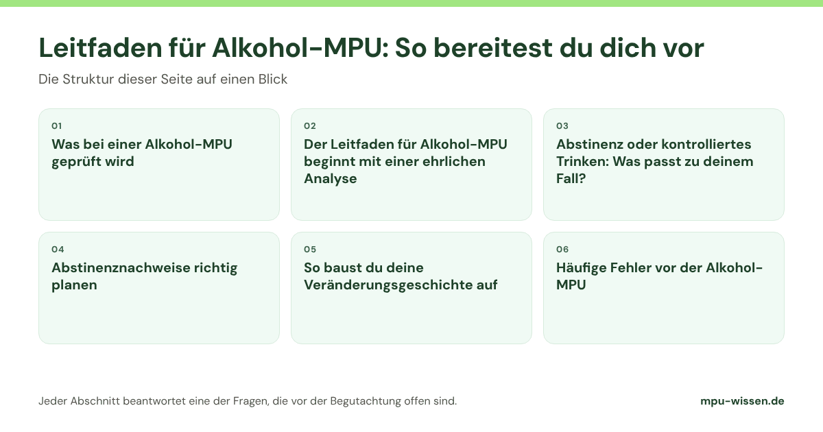 Leitfaden für Alkohol-MPU: So bereitest du dich vor: die Abschnitte dieser Seite im Überblick