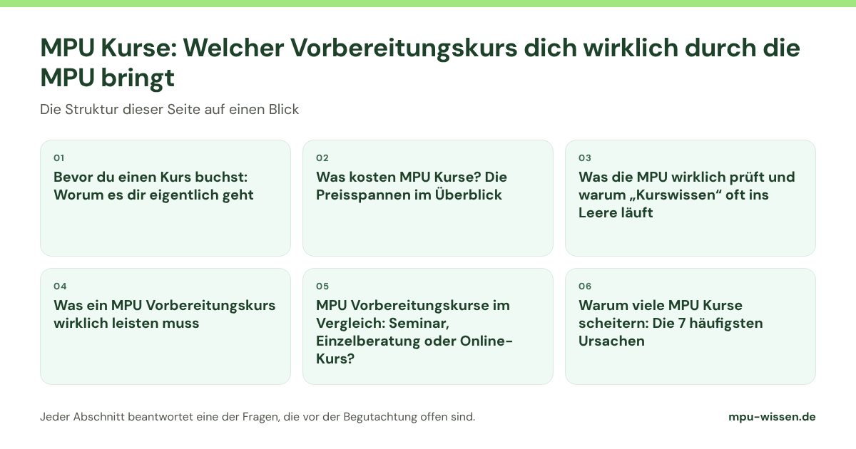MPU Kurse: Welcher Vorbereitungskurs dich wirklich durch die MPU bringt: die Abschnitte dieser Seite im Überblick