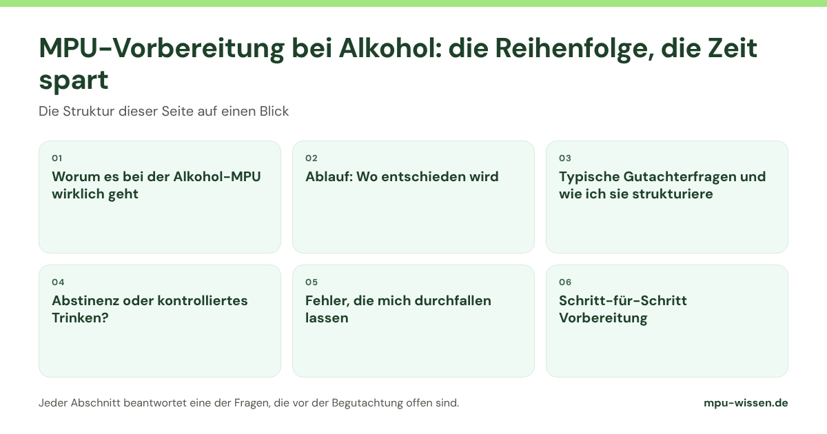 MPU-Vorbereitung bei Alkohol: die Reihenfolge, die Zeit spart: die Abschnitte dieser Seite im Überblick