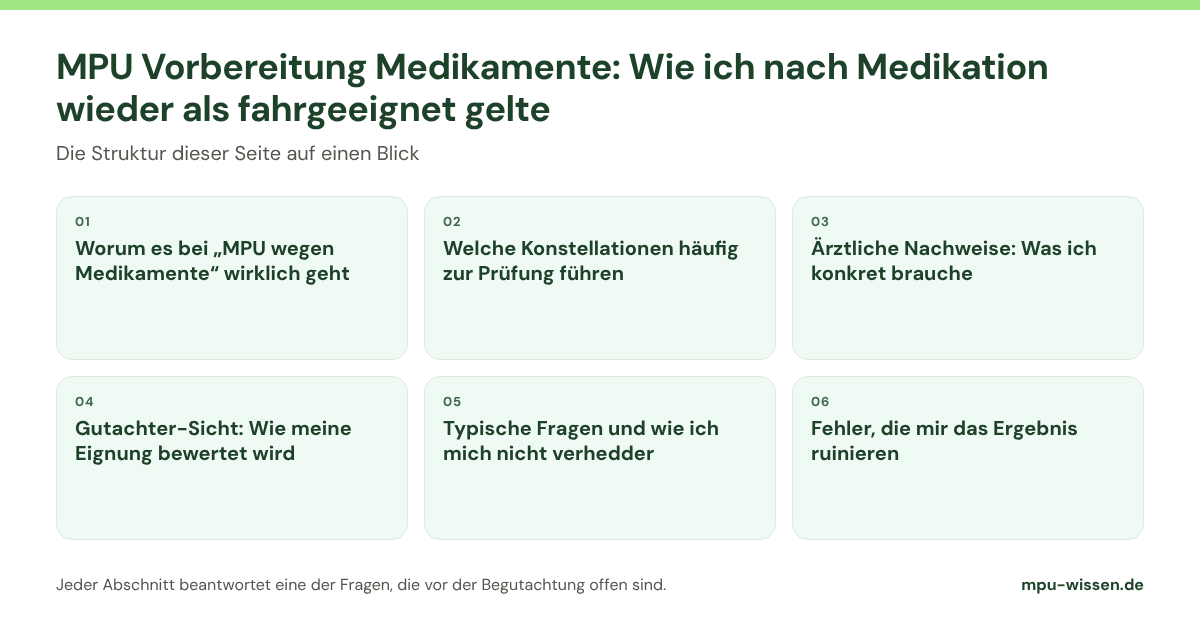 MPU Vorbereitung Medikamente: Wie ich nach Medikation wieder als fahrgeeignet gelte: die Abschnitte dieser Seite im Überblick