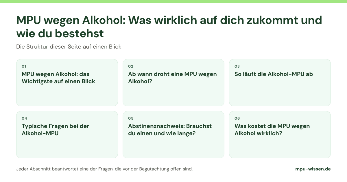 MPU wegen Alkohol: Was wirklich auf dich zukommt und wie du bestehst: die Abschnitte dieser Seite im Überblick