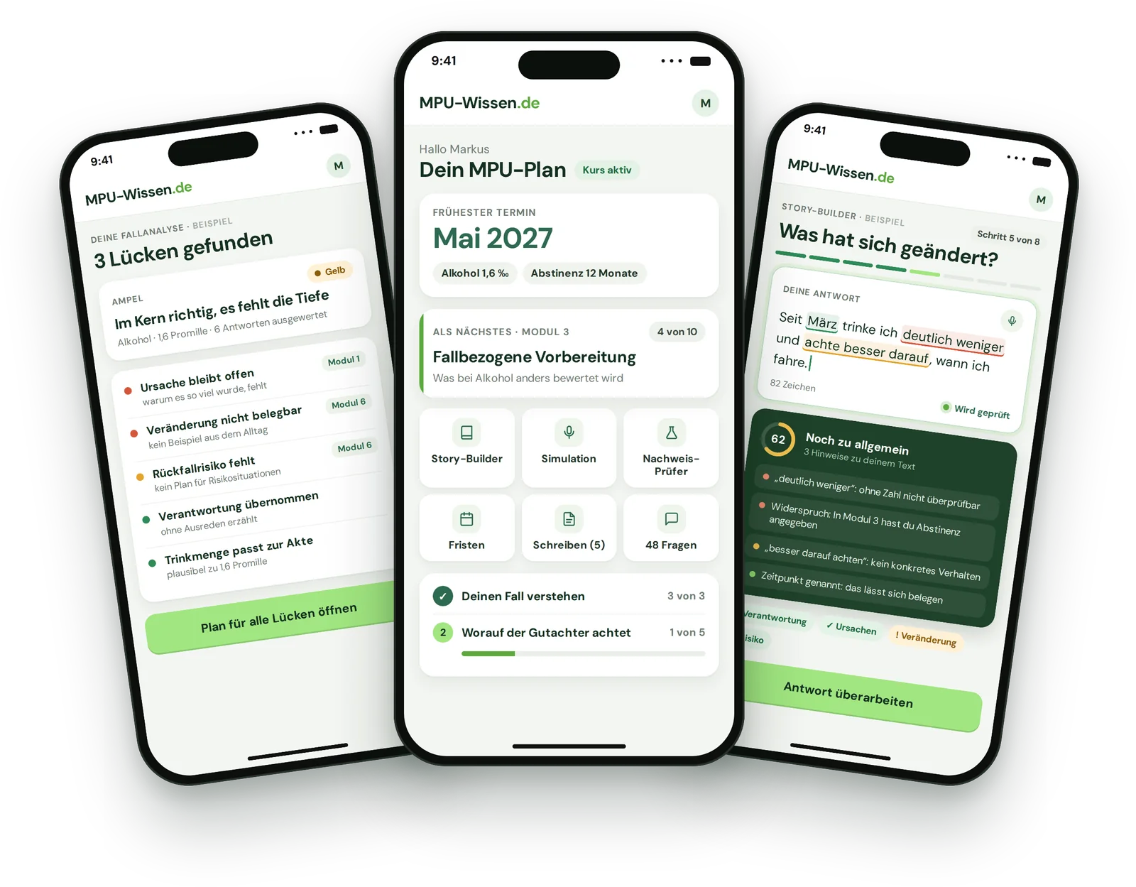 Der MPU-Kurs auf dem Handy: Auswertung der Fallanalyse mit drei Lücken, Dashboard mit frühestem Termin und Story-Builder mit Rückmeldung zu deiner Antwort (Beispieldaten)