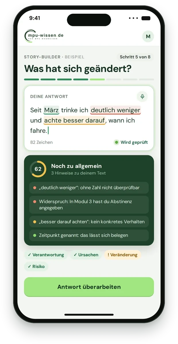Story-Builder am Handy: deine Antwort mit Rückmeldung, während du schreibst (Beispieldaten)