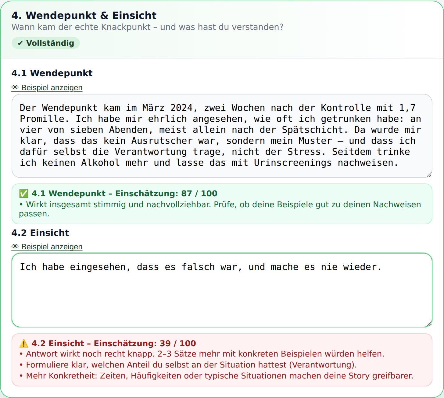 Echter Kursausschnitt aus dem Story-Builder: Wendepunkt mit 87 von 100 Punkten, Einsicht mit 39 von 100 und konkreten Hinweisen, was fehlt