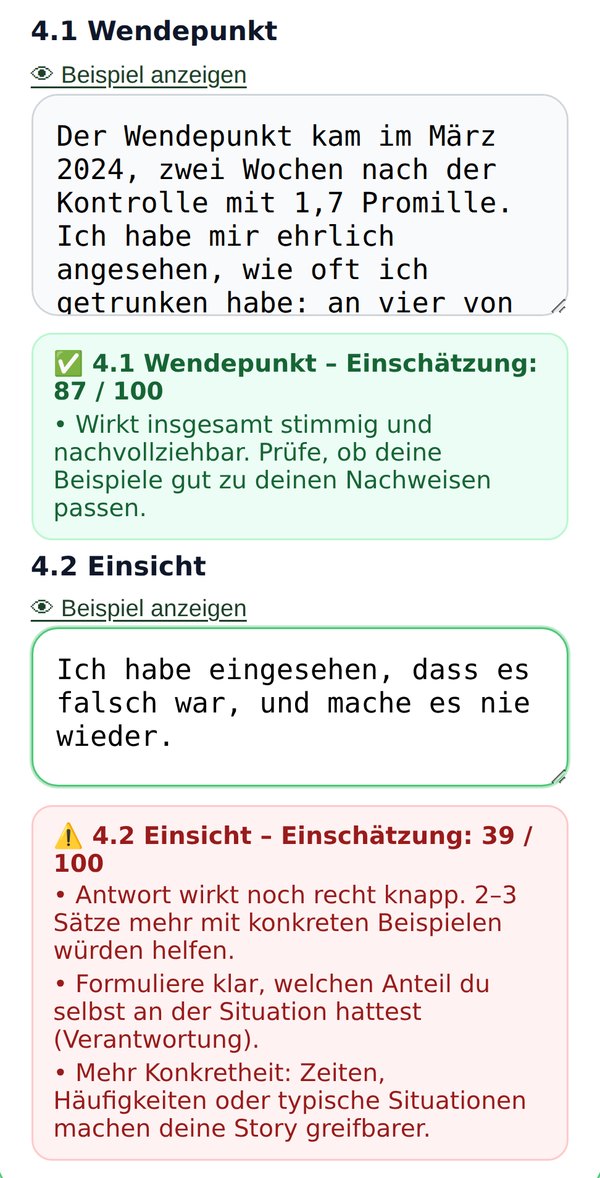 Echter Kursausschnitt: Story-Builder mit 87 von 100 Punkten für eine konkrete Antwort und 39 von 100 für „mache es nie wieder“