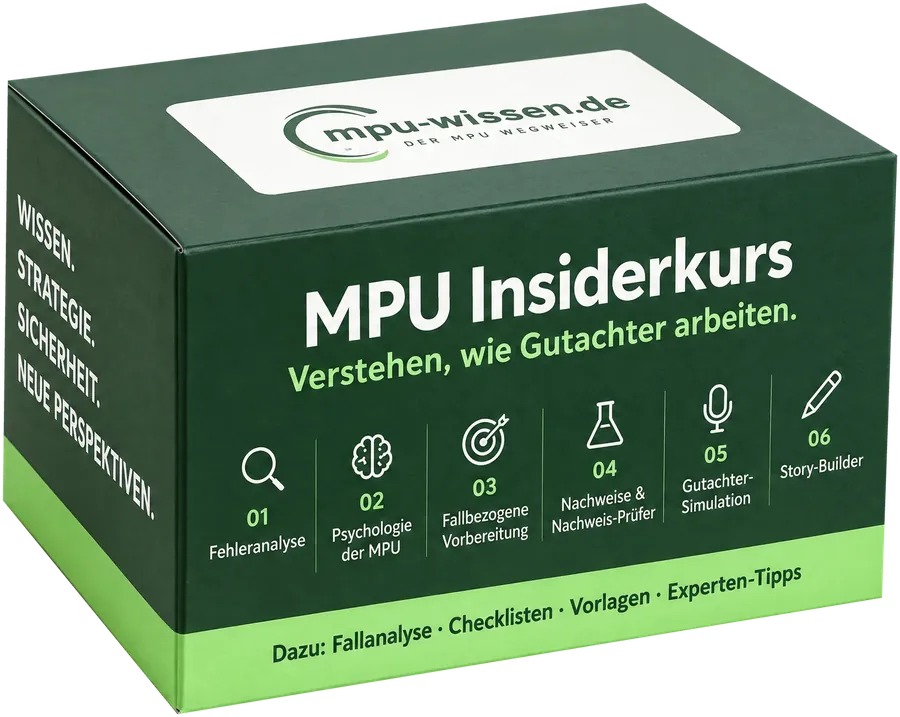 MPU Insiderkurs von mpu-wissen.de: die Kursbox mit den sechs Modulen Fehleranalyse, Psychologie der MPU, Fallbezogene Vorbereitung, Nachweise und Nachweis-Prüfer, Gutachter-Simulation und Story-Builder