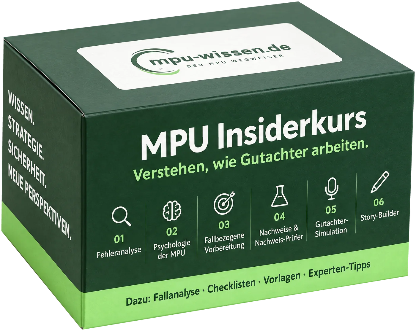 MPU Insiderkurs von mpu-wissen.de: die Kursbox mit den sechs Modulen Fehleranalyse, Psychologie der MPU, Fallbezogene Vorbereitung, Nachweise und Nachweis-Prüfer, Gutachter-Simulation und Story-Builder