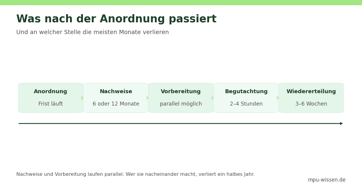 Zeitstrahl: Anordnung, Nachweise über 6 oder 12 Monate, Vorbereitung, Begutachtung, Wiedererteilung