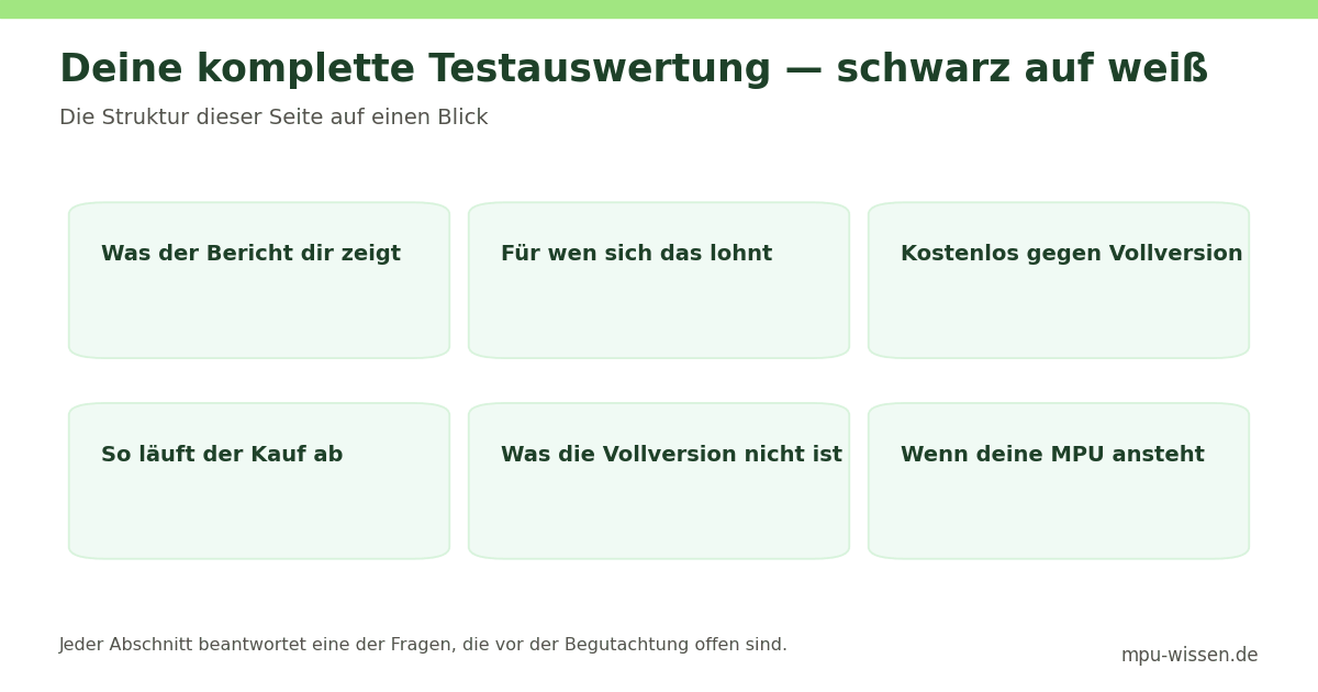 Deine komplette Testauswertung — schwarz auf weiß – Die Struktur dieser Seite auf einen Blick