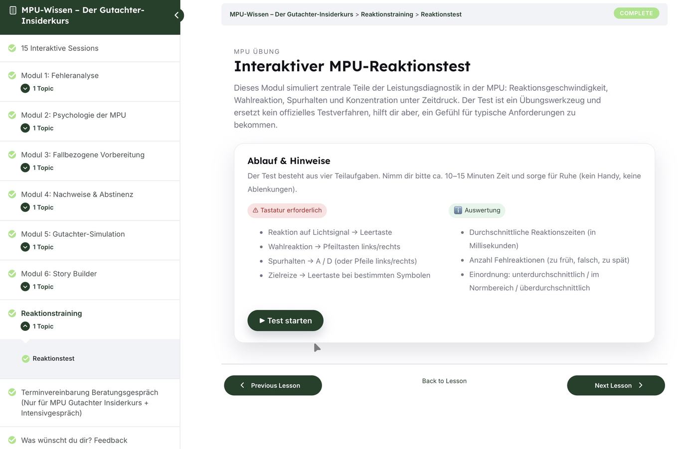 Interaktiver MPU-Reaktionstest im Kurs mit Ablaufbeschreibung und Auswertung