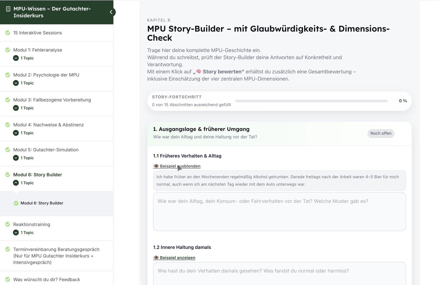 Story-Builder im Kurs: Eingabefelder für die eigene Veränderungsgeschichte mit Beispieltext und Fortschrittsanzeige