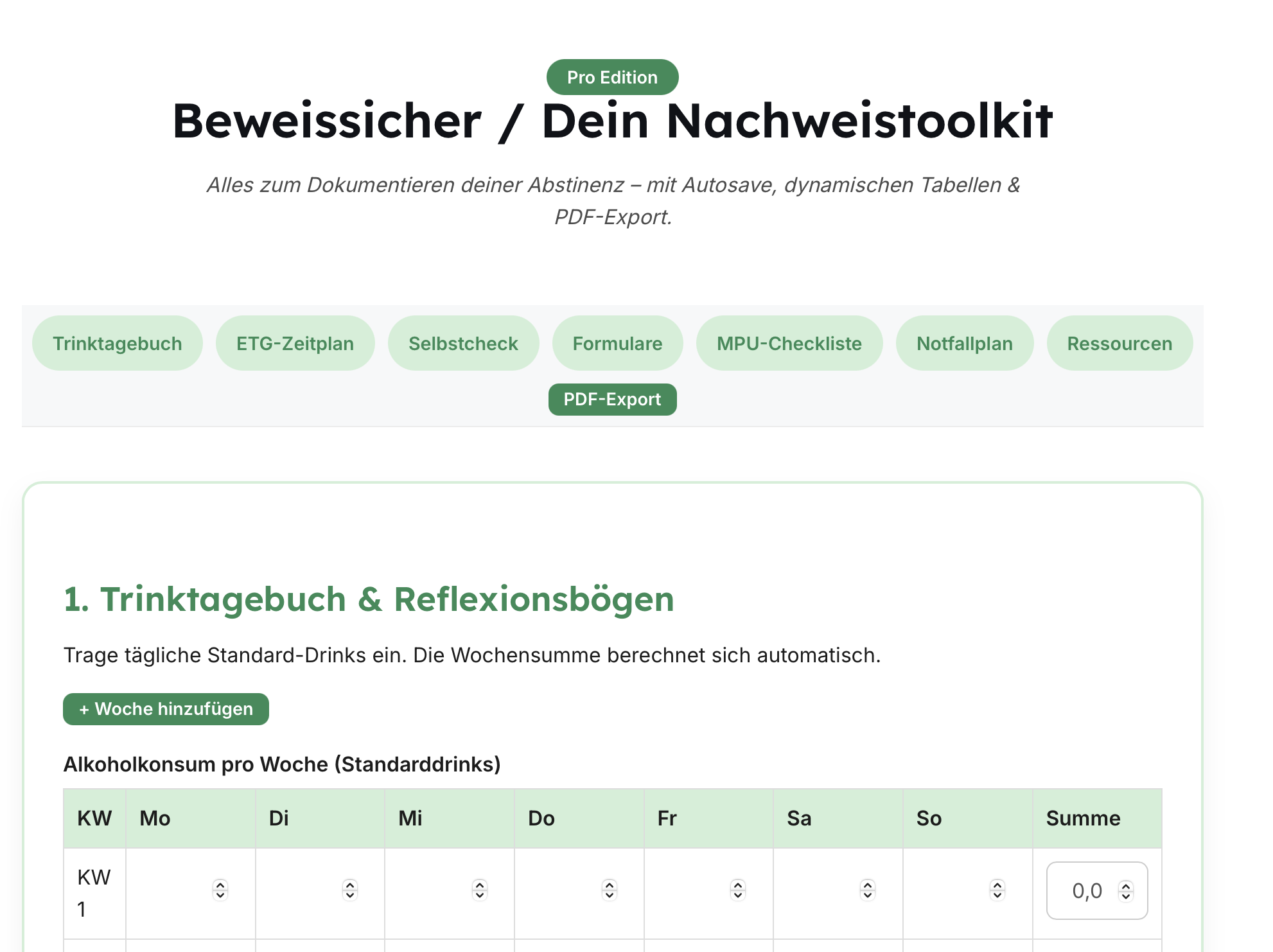 Abstinenznachweis-Tool Screenshot