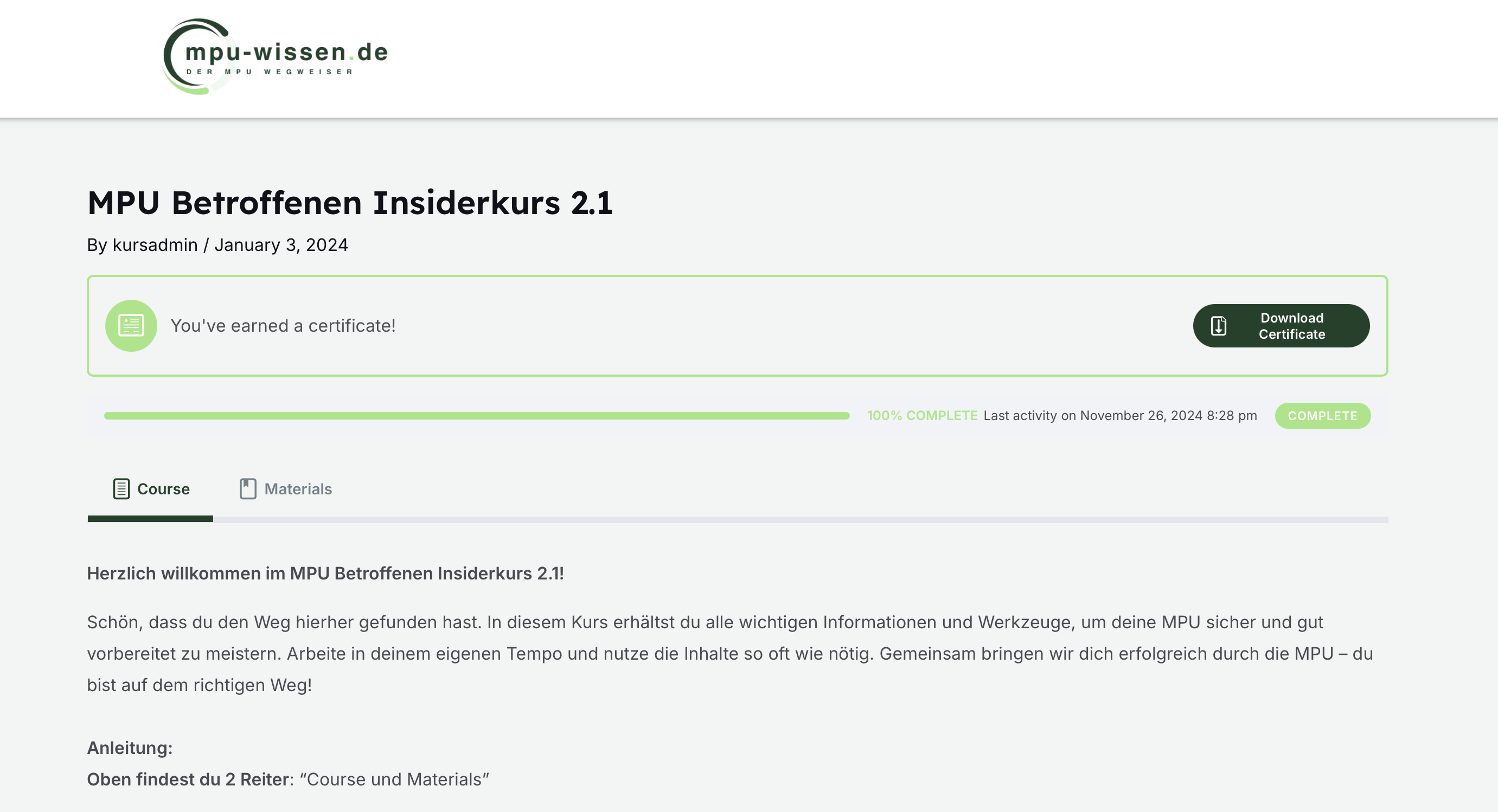 Startbildschirm des MPU Betroffenen Insiderkurses