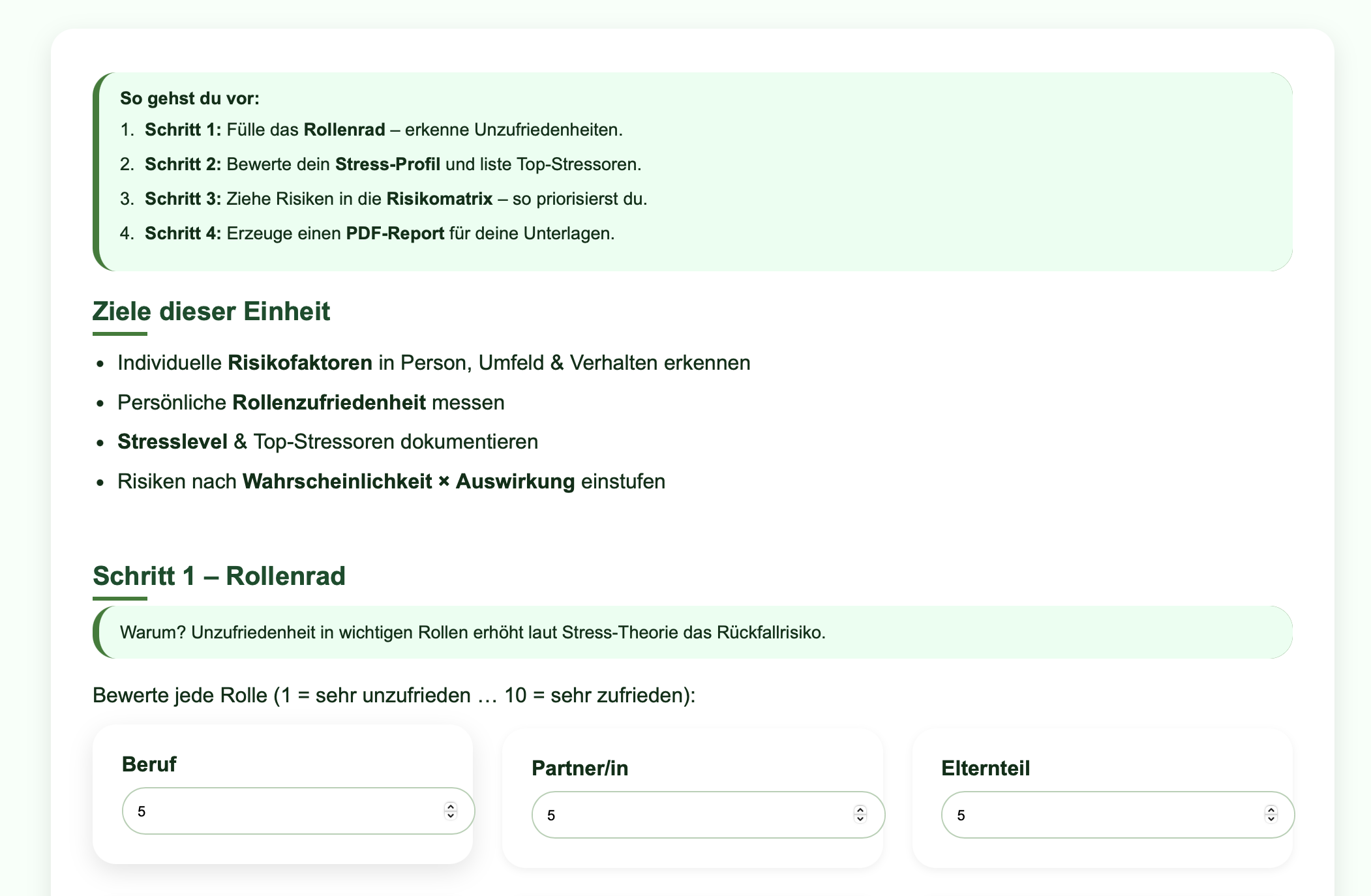 Detailansicht eines Kursmoduls mit Video, PDF und Checkliste